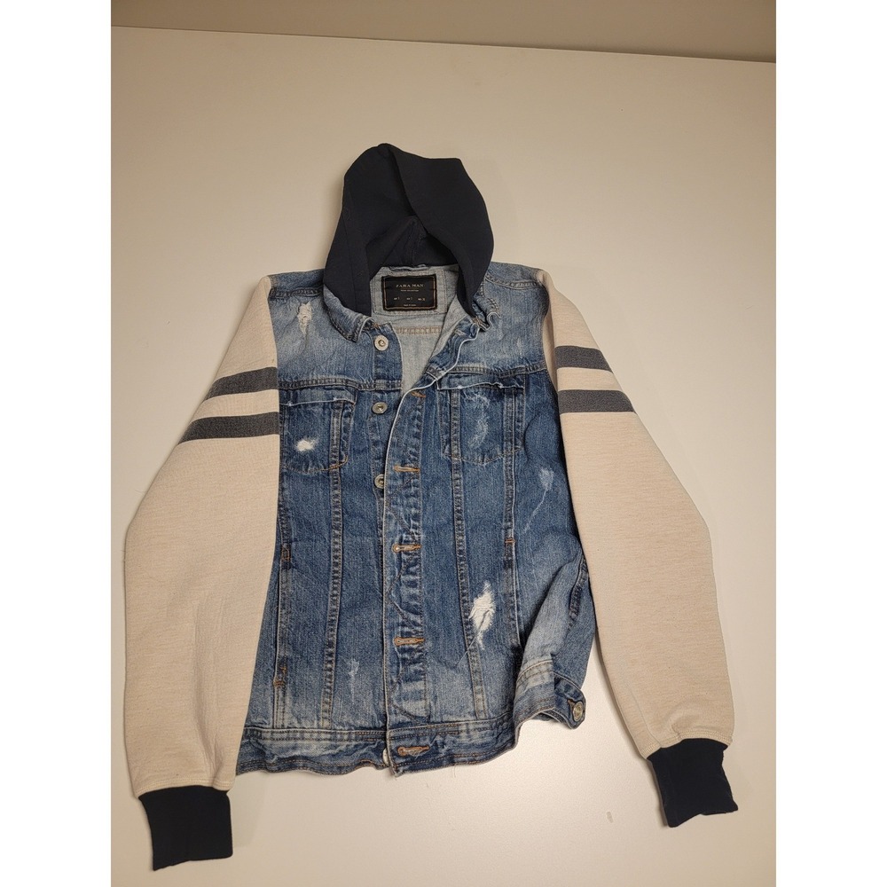 Zara Man Distressed Denim Hoodie Jacket Blue Cream Size S Small Mixed Media